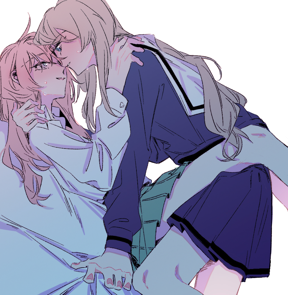 z akane890, chihaya anon, nagasaki soyo, bang dream!, bang dream! it's mygo!!!!!, commentary request, 2girls, blue eyes, blue shirt, blue skirt, brown hair, green skirt, grey eyes, hand on another's shoulder, haneoka school uniform, leg lock, long hair, long sleeves, multiple girls, parted lips, pink hair, pleated skirt, school uniform, shirt, skirt, smile, sweat, tsukinomori school uniform, white shirt, yuri