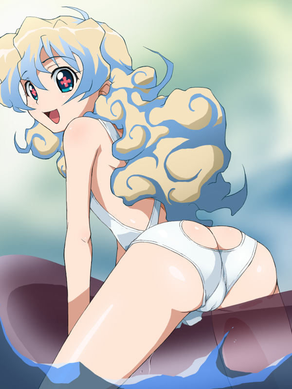 nia teppelin, tengen toppa gurren lagann, 00s, ass, cameltoe, cross-shaped pupils, one-piece swimsuit, solo, swimsuit, symbol-shaped pupils, water, white one-piece swimsuit