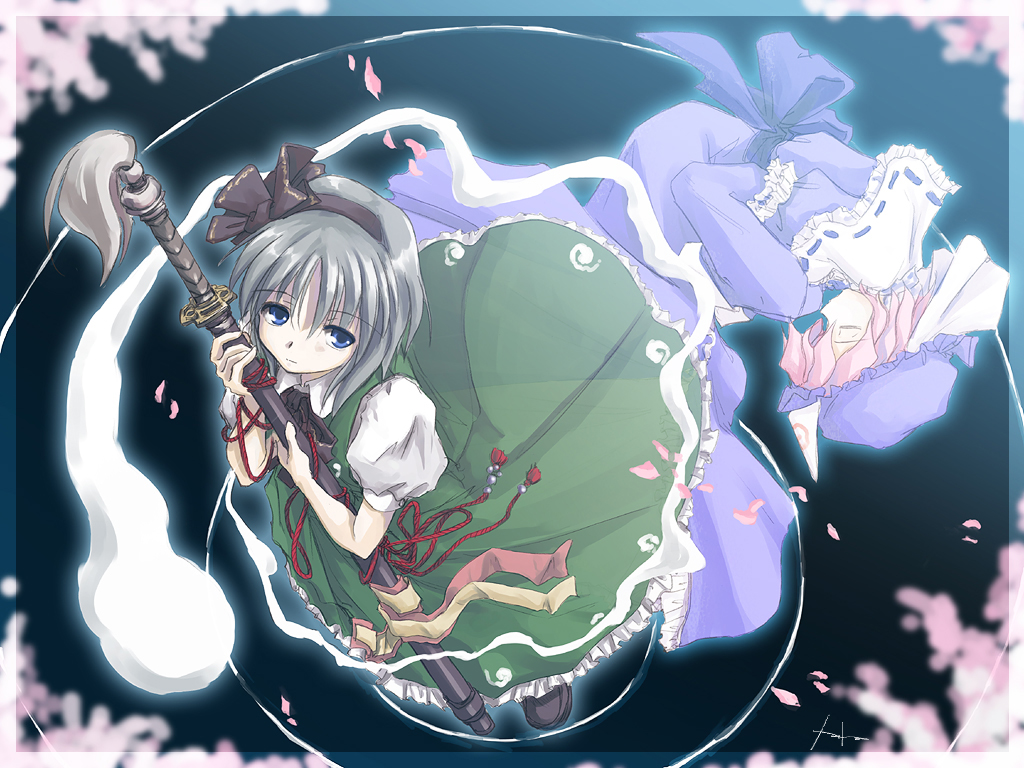 petenshi (dr. vermilion), konpaku youmu, konpaku youmu (ghost), saigyouji yuyuko, touhou, 2girls, female focus, fetal position, from above, hair ribbon, hands in opposite sleeves, hat, hitodama, holding, katana, looking up, multiple girls, petals, ribbon, sheath, sheathed, skirt, standing, standing on liquid, sword, talisman, triangular headpiece, water, weapon