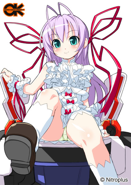 tsuji santa, al azif (demonbane), demonbane, light purple hair, 00s, 1girl, antenna hair, aqua eyes, arm support, bare shoulders, blush, bow, buttons, dress, female focus, flat chest, foreshortening, frills, gathers, green eyes, hair between eyes, hair ribbon, kneehighs, leg up, loafers, lolita fashion, long hair, looking at viewer, panties, pantyshot, ribbon, shoes, short dress, simple background, sitting, sleeveless, sleeveless dress, smile, socks, solo, turtleneck, underwear, very long hair, white background, white socks, wrist ribbon, yellow panties
