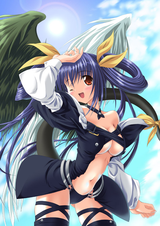 noritama (gozen), dizzy (guilty gear), arc system works, guilty gear, 1girl, asymmetrical wings, bare shoulders, blush, female focus, one eye closed, purple hair, purple theme, ribbon, smile, solo, tail, tail ornament, tail ribbon, thighhighs, wings, wink