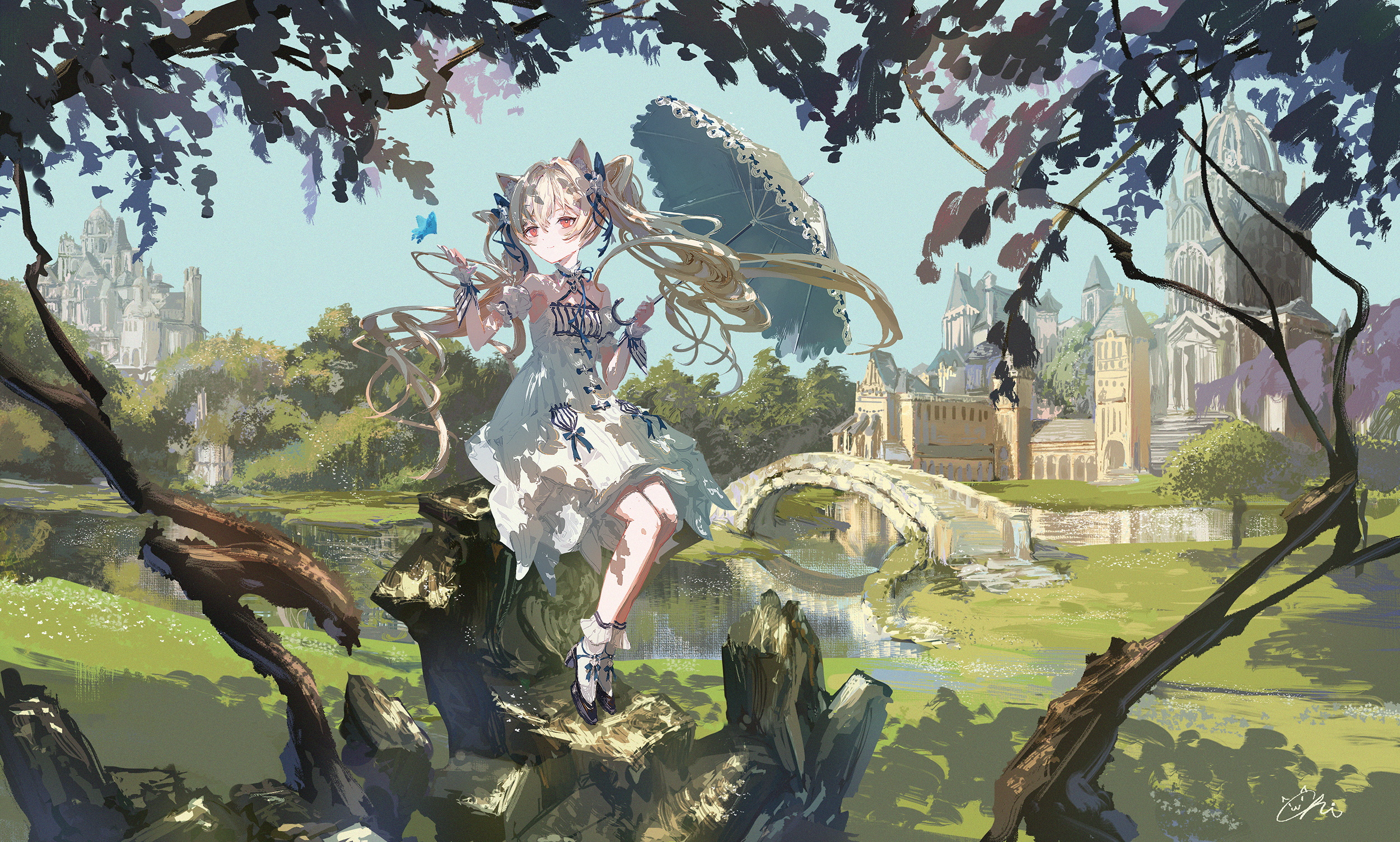 koyamanatsu, original, chinese commentary, commentary request, highres, 1girl, animal ears, black shoes, blonde hair, blue sky, bridge, castle, cat ears, dress, full body, gradient hair, grey hair, holding, holding umbrella, looking to the side, multicolored hair, outdoors, parasol, red eyes, scenery, shoes, sitting, sky, socks, tree, twintails, umbrella, white dress, white socks, white wrist cuffs, wrist cuffs