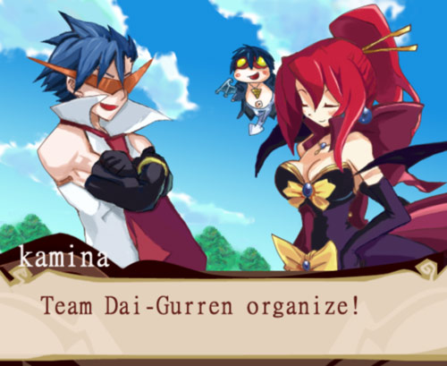 himukai yuusuke, adell (disgaea), kamina (ttgl), rozalin, simon (ttgl), tink, tink (disgaea), yoko littner, disgaea, makai senki disgaea 2, tengen toppa gurren lagann, bad id, bad pixiv id, lowres, md5 mismatch, 1girl, 2boys, adell (cosplay), adell (disgaea) (cosplay), bow, cosplay, day, dialogue box, dress, english text, gold trim, kamina shades, multiple boys, muscular, outdoors, parody, red hair, rozalin (cosplay), strapless, strapless dress, sunglasses, triangular eyewear, yellow bow