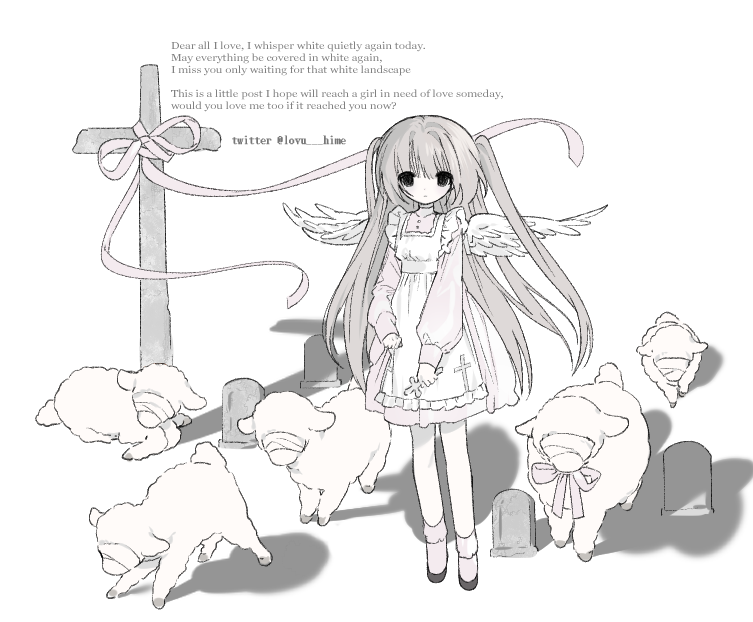 u emper, original, 1girl, angel wings, animal, blindfold, cross, crucifix, dress, english text, grey hair, long hair, pink ribbon, ribbon, sheep, solo, tombstone, twintails, twitter username, white background, wings