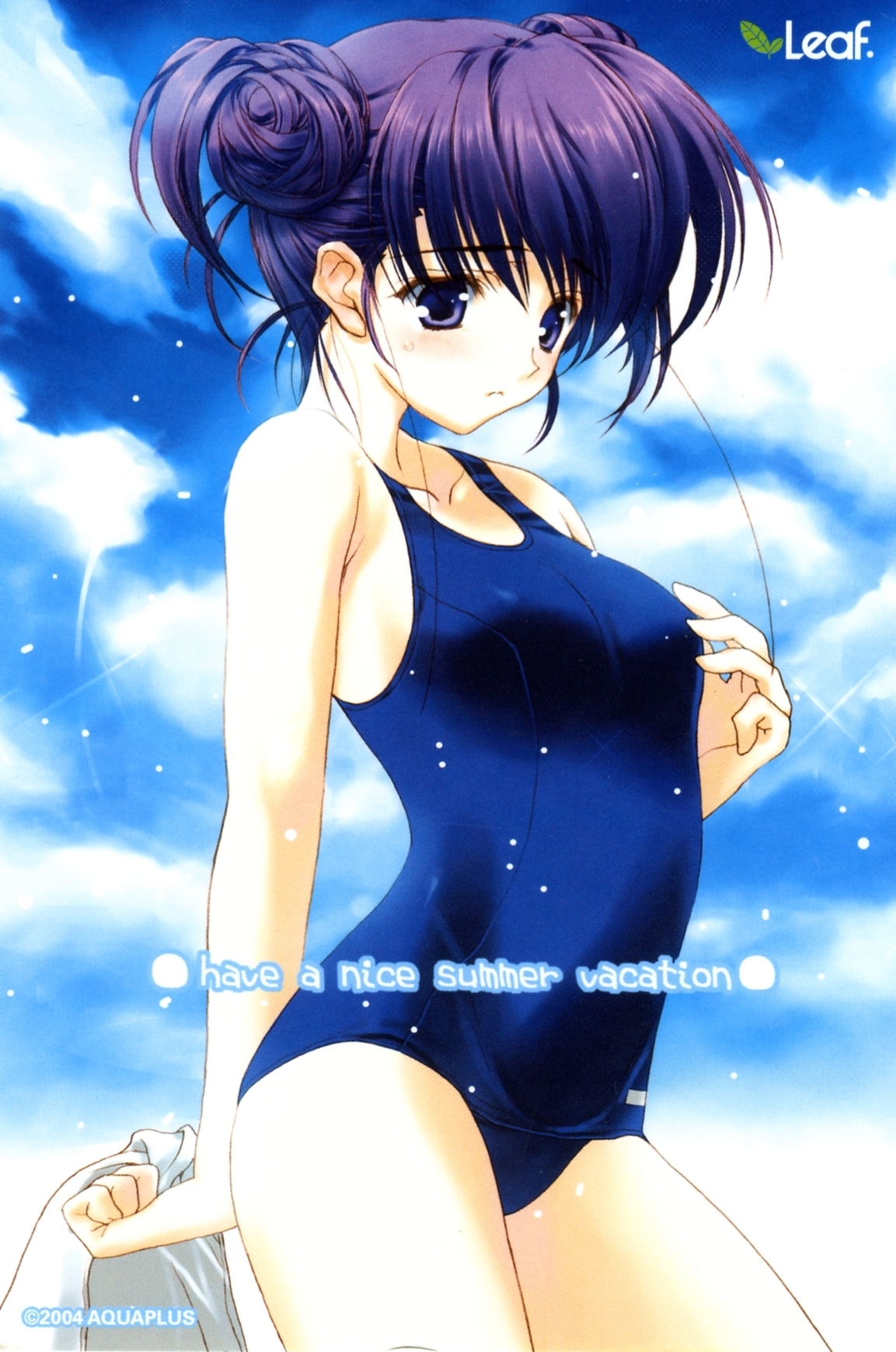 nakamura takeshi, himeyuri ruri, to heart (series), to heart 2, highres, 00s, one-piece swimsuit, purple eyes, purple hair, school swimsuit, solo, swimsuit