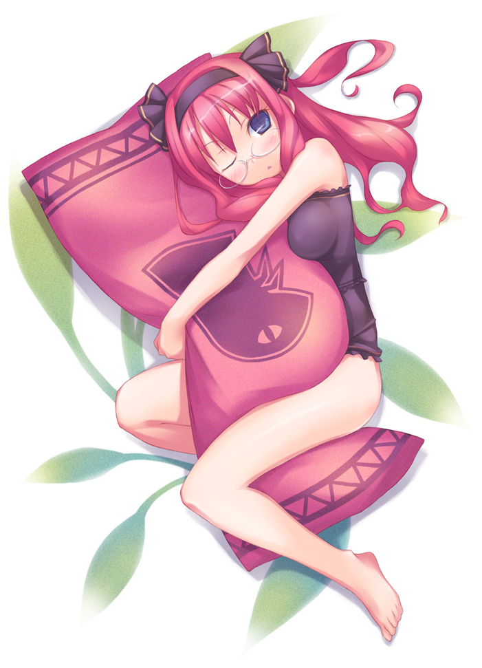 nanakusa, 1girl, barefoot, camisole, chemise, feet, female focus, glasses, hairband, hug, hugging object, pillow, pillow hug, solo