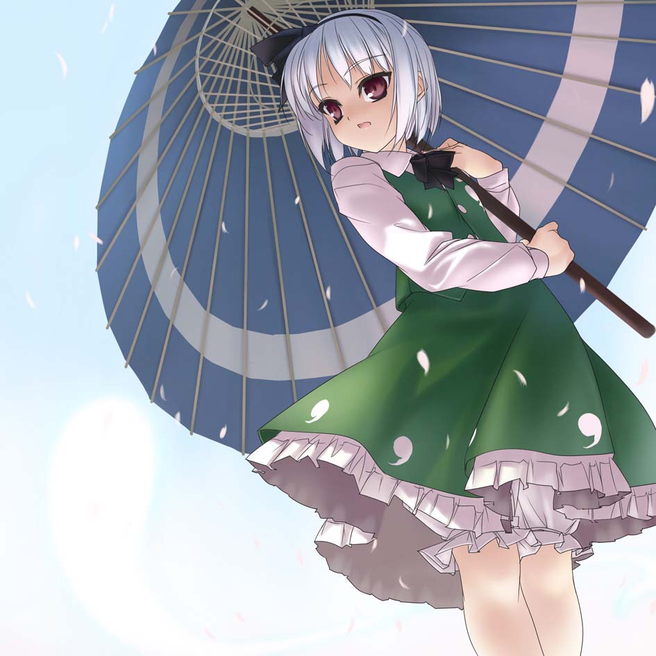 konpaku youmu, konpaku youmu (ghost), touhou, 1girl, female focus, hitodama, oil-paper umbrella, solo, umbrella