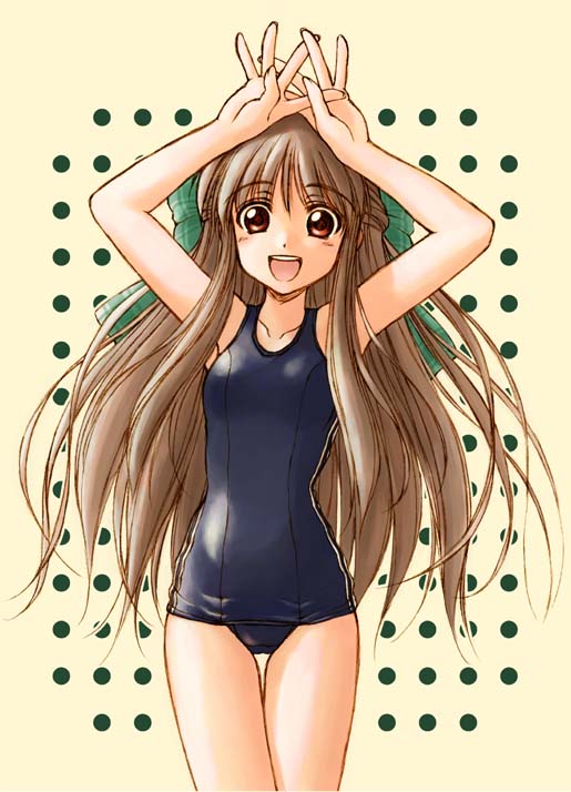 hirasaka makoto, kurata sayuri, kanon, blue one-piece swimsuit, hair ribbon, long hair, one-piece swimsuit, open mouth, ribbon, school swimsuit, smile, solo, swimsuit
