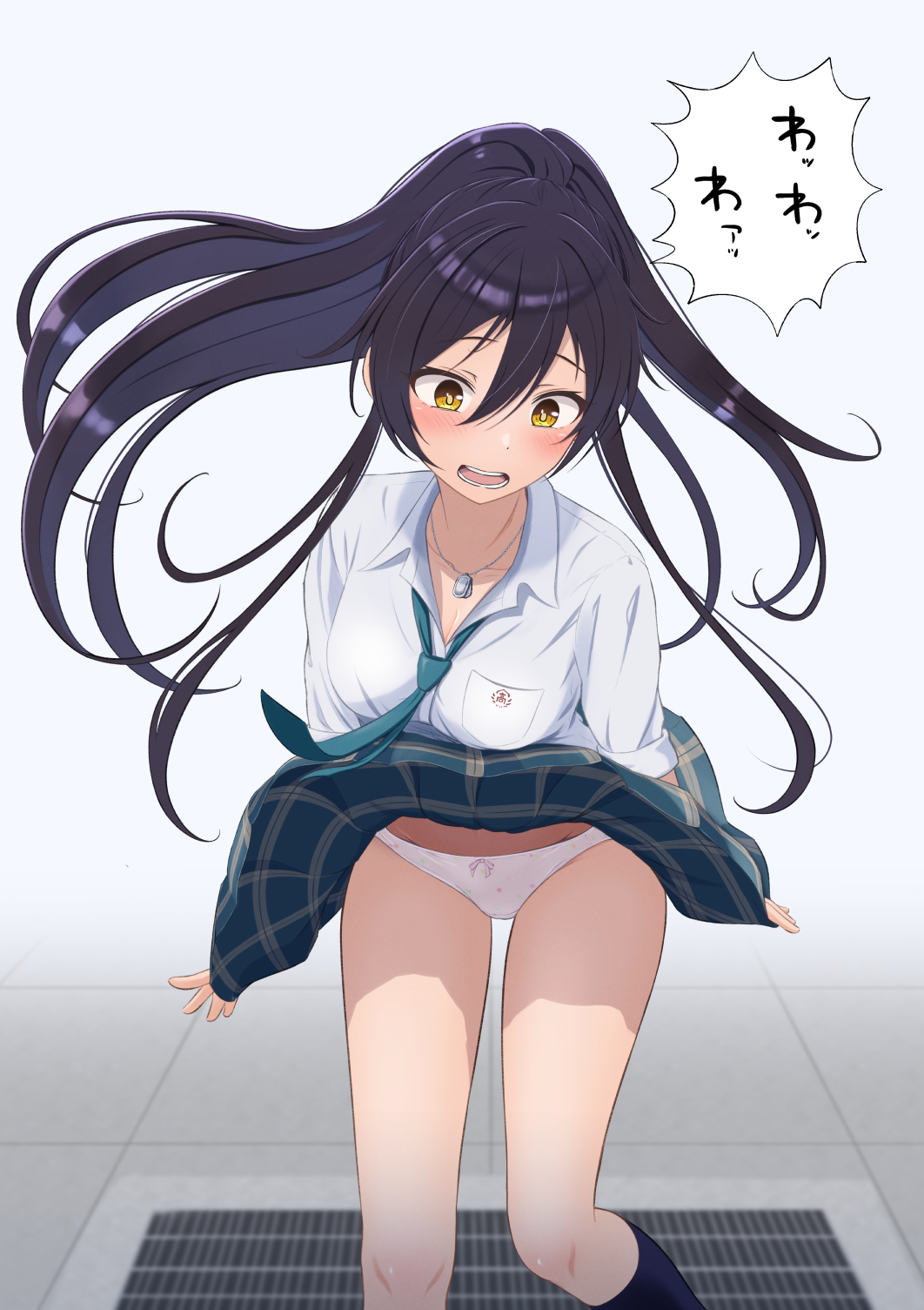 tanakaminos, shirase sakuya, idolmaster, idolmaster shiny colors, highres, 1girl, black hair, blush, breast pocket, breasts, clothes lift, collared shirt, dog tags, green necktie, green skirt, large breasts, long hair, looking down, necktie, open mouth, panties, pantyshot, plaid clothes, plaid skirt, pocket, polka dot, polka dot panties, school uniform, shirt, skirt, skirt lift, underwear, vent (object), white shirt, wind, wind lift, yellow eyes