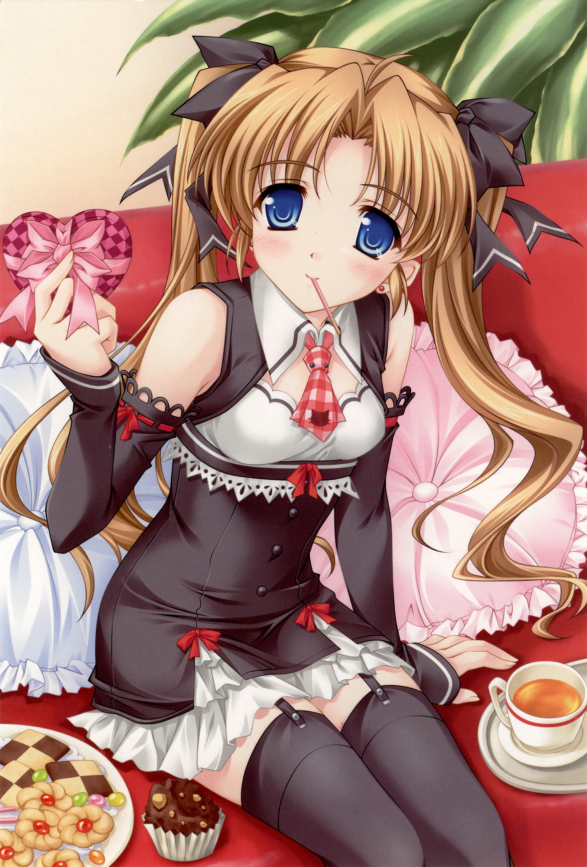 nakazato hikari, lamune, highres, 1girl, elbow gloves, female focus, food, gloves, pocky, solo, thighhighs, twintails, zettai ryouiki