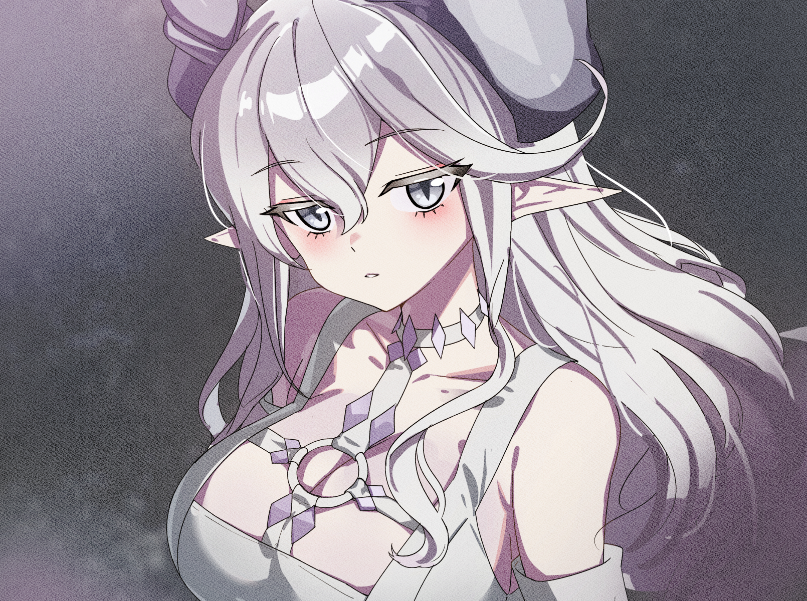 ebi bento, lovely labrynth of the silver castle, yu-gi-oh!, highres, 1girl, breasts, choker, collarbone, demon girl, demon horns, detached sleeves, dress, duel monster, grey eyes, grey hair, hair between eyes, horns, large breasts, long hair, looking at viewer, o-ring, official alternate costume, official alternate hairstyle, open mouth, pointy ears, sleeveless, sleeveless dress, solo, white choker, white dress