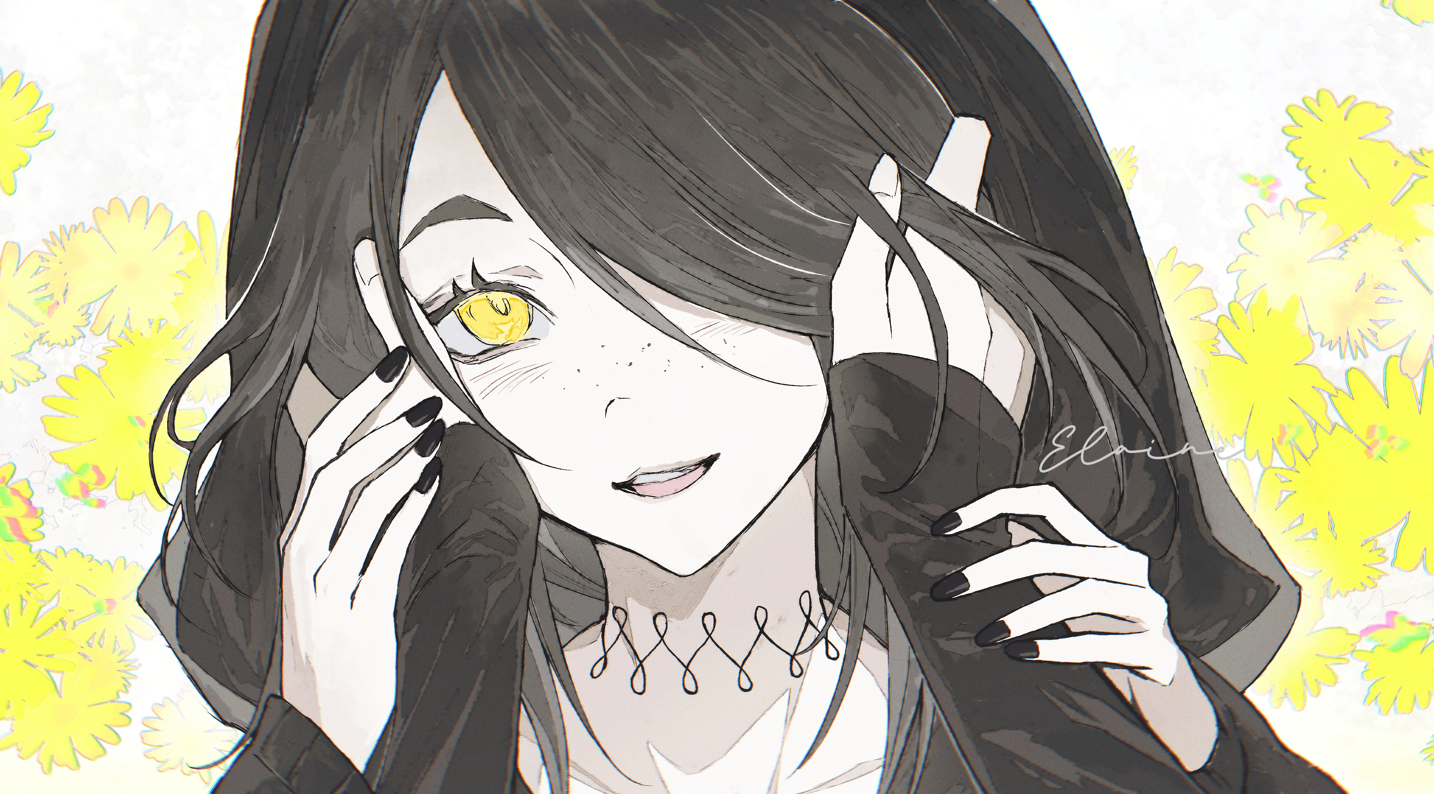 elaine-didaea, ashley graves, julia (the coffin of andy and leyley), the coffin of andy and leyley, absurdres, commentary, english commentary, highres, 2girls, :3, artist name, black choker, black hair, black hoodie, black nails, black shirt, choker, chromatic aberration, collarbone, female pov, fingernails, floral background, floral print, flower, freckles, hair over one eye, hands on another's cheeks, hands on another's face, hood, hood up, hoodie, long hair, looking at viewer, multiple girls, nail polish, open mouth, portrait, pov, pov hands, shirt, sleeves past wrists, smile, solo focus, teeth, tongue, upper teeth only, white background, yellow eyes, yellow flower, yuri