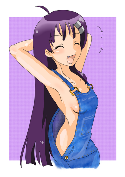 kiyal bachika, tengen toppa gurren lagann, 00s, 1girl, armpits, breasts, fang, female focus, flat chest, hair ornament, hairclip, happy, long hair, naked overalls, overalls, purple hair, sideboob, small breasts, solo