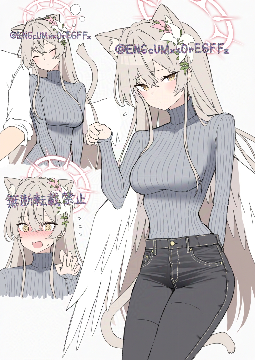 yamano rokamizu, nagisa (blue archive), blue archive, adversarial noise, commentary, highres, 1boy, 1girl, @ @, alternate costume, angel wings, animal ear fluff, animal ears, arm behind back, black pants, blush, braid, breasts, brown hair, brown tail, casual, cat ears, cat girl, cat tail, claw pose, closed eyes, closed mouth, copyright notice, cowboy shot, cropped torso, crossed bangs, crown braid, cuddling, curled fingers, d:, denim, embarrassed, feathered wings, flower, flying sweatdrops, furrowed brow, grey sweater, hair between eyes, hair flower, hair ornament, halo, hand up, jeans, large breasts, legs together, long hair, long sleeves, looking at viewer, multiple views, open mouth, pants, paw pose, pink flower, pink halo, ribbed sweater, shirt, sleeves rolled up, sweatdrop, sweater, sweater tucked in, tail, turtleneck, turtleneck sweater, twitter username, very long hair, white background, white flower, white shirt, white wings, wings, yellow eyes