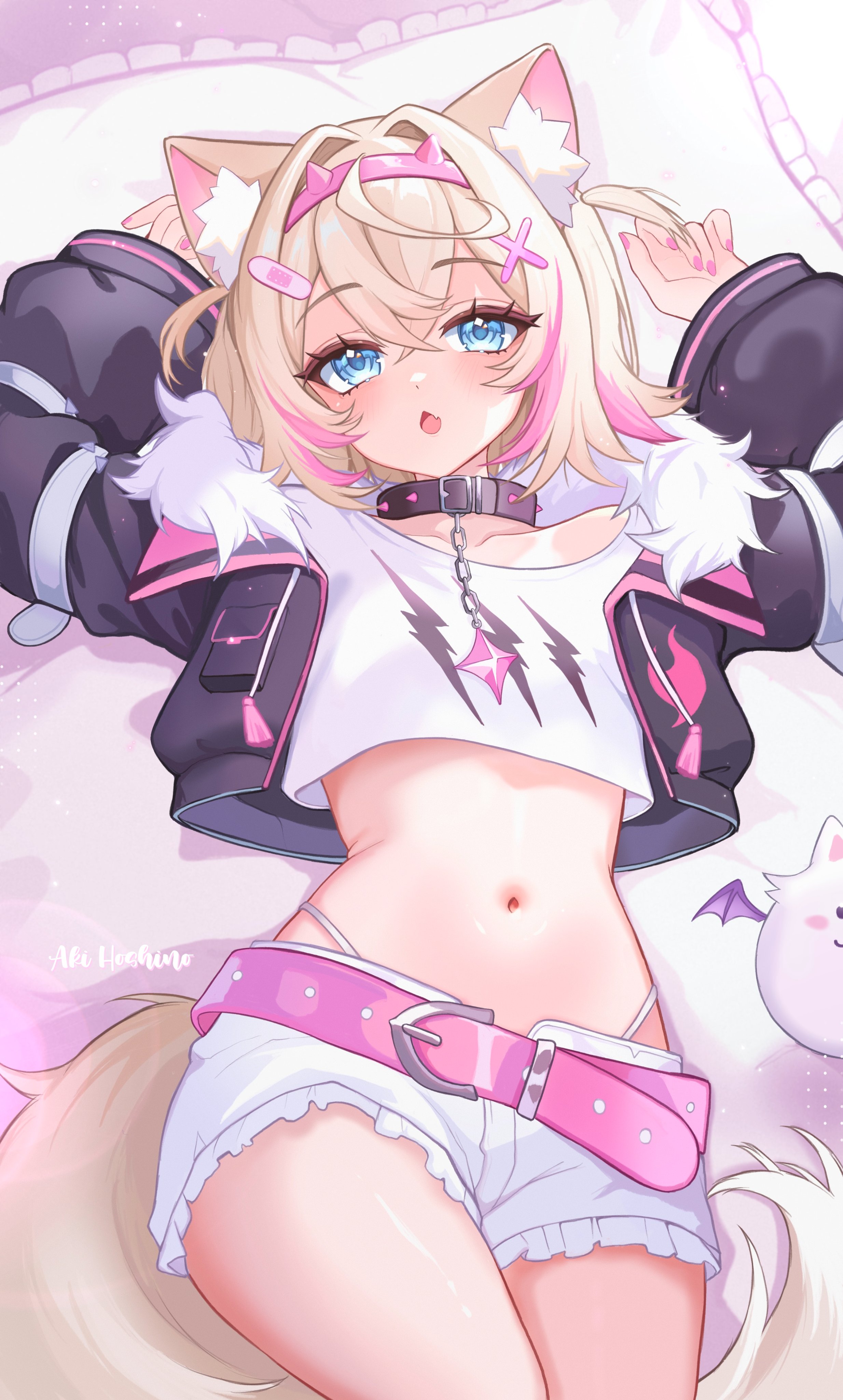 aki hoshino, mococo abyssgard, mococo abyssgard (1st costume), perroccino (fuwamoco), hololive, hololive english, absurdres, highres, 1girl, :o, animal ear fluff, animal ears, arms up, bandaid, bandaid hair ornament, belt, black choker, black jacket, black sleeves, blonde hair, blue eyes, blue pupils, breast pocket, breasts, chain, choker, collarbone, cowboy shot, crop top, cropped jacket, crossed bangs, demon wings, dog ears, dog girl, dog tail, dot nose, double-parted bangs, fake horns, fang, frilled pillow, frilled shorts, frills, from above, gem, hair between eyes, hair intakes, hair ornament, hairband, horns, indoors, jacket, large tail, light blush, long eyelashes, long sleeves, looking at viewer, lying, multicolored hair, nail polish, navel, open clothes, open jacket, open mouth, pillow, pink belt, pink gemstone, pink hairband, pink nails, pink streaks, pocket, polka dot, short hair, shorts, signature, skin fang, small breasts, solo focus, spiked choker, spikes, stomach, streaked hair, tail, thighs, virtual youtuber, white shorts, wide sleeves, wings, x hair ornament