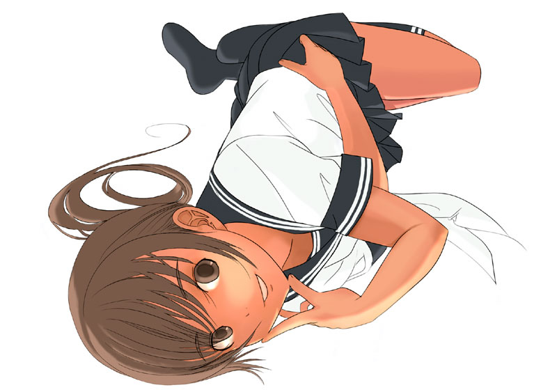kiriman (souldeep), 1girl, black skirt, black socks, brown eyes, brown hair, female focus, kneehighs, looking at viewer, lying, on side, pleated skirt, school uniform, serafuku, short sleeves, simple background, skirt, smile, socks, solo, teeth, white background