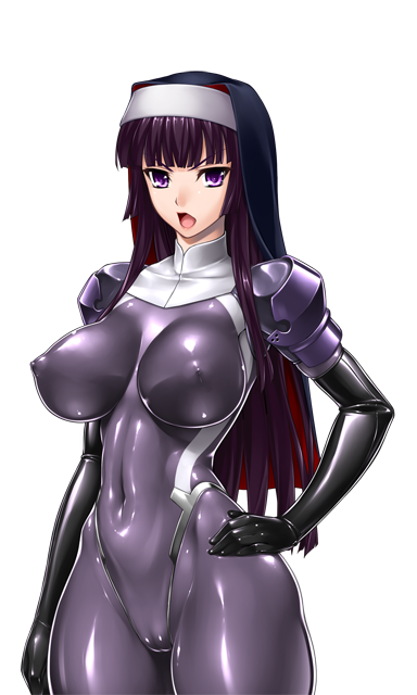rindou (radical dream), kamori sayaka, original, game cg, non-web source, variant set, 1girl, bodysuit, breasts, cameltoe, covered erect nipples, covered navel, elbow gloves, gloves, hand on own hip, impossible clothes, large breasts, latex, long hair, looking at viewer, matai toshi, nun, open mouth, purple bodysuit, purple eyes, purple hair, shiny clothes, skin tight, solo, transparent background, wide hips
