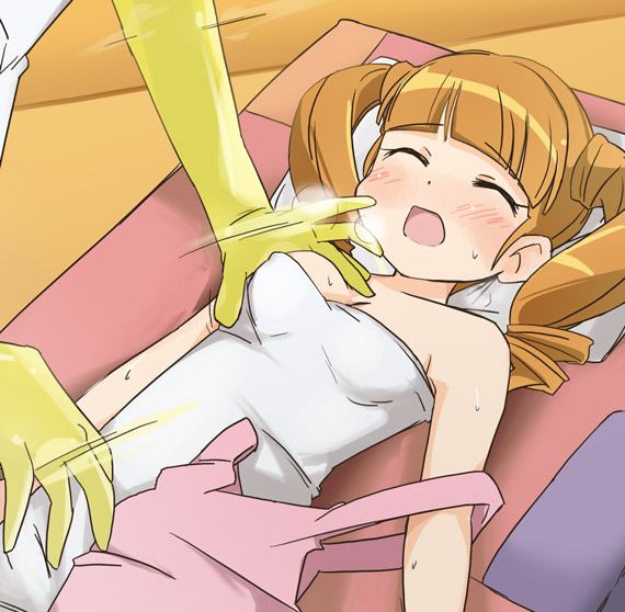 ixy, yumeno uta, onegai my melody, sanrio, light brown hair, 00s, 1girl, arms at sides, bag, bare arms, bare shoulders, blunt bangs, blush, breasts, brown hair, cleavage, closed mouth, collarbone, dress, drill hair, elbow gloves, eyebrows hidden by hair, from above, gloves, grabbing another's breast, groping, lying, medium breasts, moaning, on back, open mouth, pink bag, short hair, small breasts, solo focus, strapless, strapless dress, sweat, tube dress, twin drills, twintails, white dress, yellow gloves