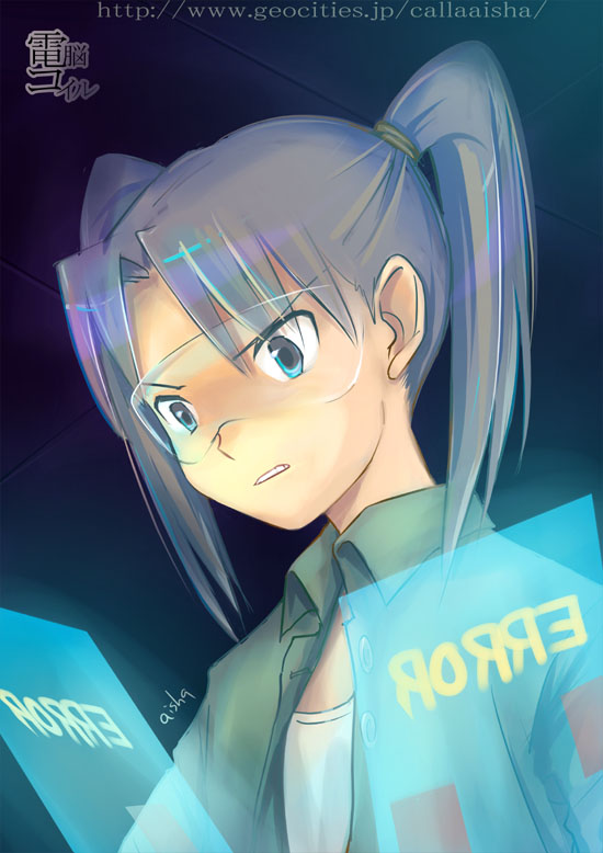 aisha callaaisha, amasawa yuuko, dennou coil, 00s, brown eyes, brown hair, glasses, hologram, jacket, solo, twintails