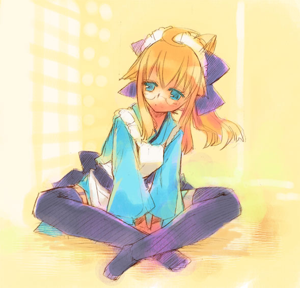 momiji mao, 1girl, ahoge, animal ears, apron, blonde hair, blue eyes, butterfly sitting, cat ears, female focus, garter straps, glasses, headdress, japanese clothes, long hair, long sleeves, maid, maid apron, maid headdress, sitting, sketch, solo, thighhighs, wa maid, wide sleeves