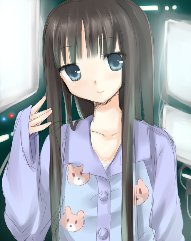yatosaki haru, 1girl, black hair, blue eyes, female focus, hime cut, long hair, pajamas, sketch, smile, solo