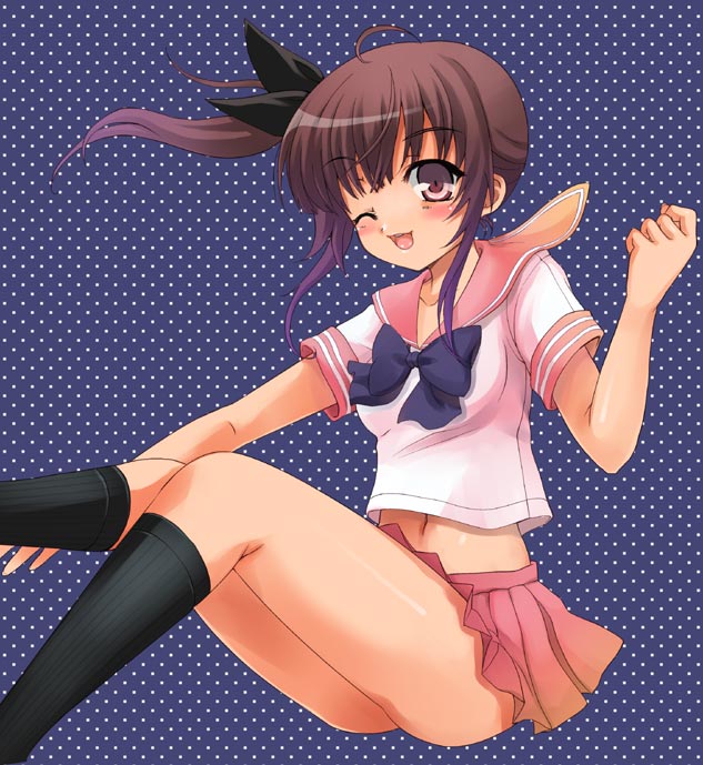 kumao mofumofu, baek changpo, senkou no ronde, ahoge, blush, bow, happy, midriff, no panties, one eye closed, purple eyes, purple hair, school uniform, serafuku, side ponytail, skirt, socks, solo, wink