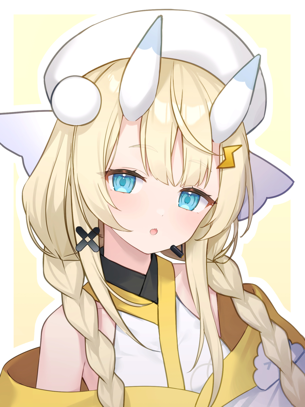 ariel23795, kadou mikaru, nijisanji, highres, 1girl, bare shoulders, blonde hair, blue eyes, blue horns, blush, border, braid, hair ornament, hair over shoulder, hat, headset, horns, japanese clothes, kimono, lightning bolt, lightning bolt hair ornament, lightning bolt symbol, looking at viewer, low twin braids, multicolored horns, outline, outside border, parted lips, pom pom (clothes), pom pom hair ornament, portrait, sidelocks, simple background, solo, twin braids, two-tone horns, virtual youtuber, white border, white hat, white horns, white kimono, white outline, x hair ornament, yellow background