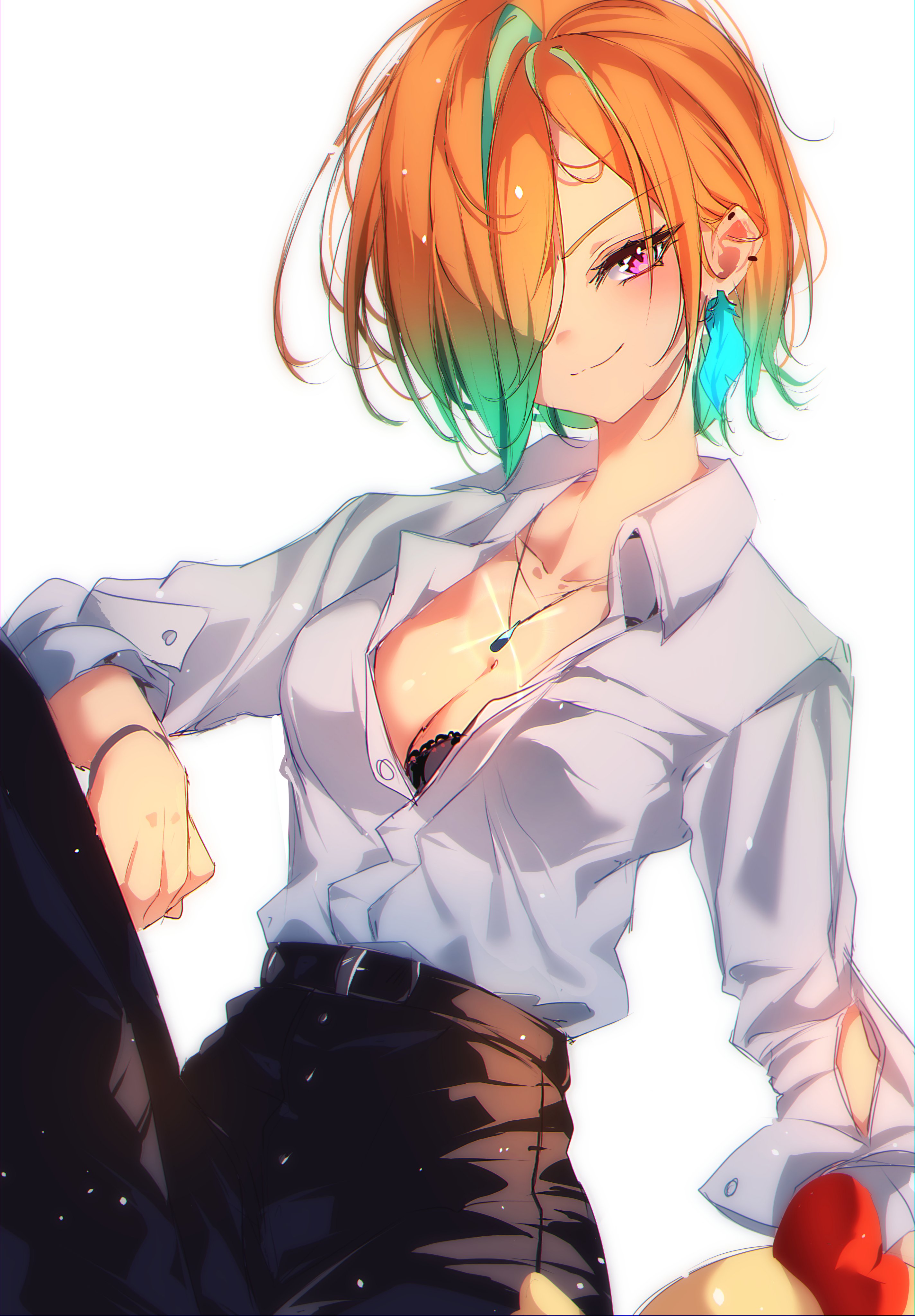 the0neulost, takanashi kiara, hololive, hololive english, absurdres, highres, 1girl, alternate costume, alternate hairstyle, black bra, bra, bra peek, ear piercing, earrings, feather earrings, feathers, gradient hair, green hair, hair over one eye, jewelry, lace, lace-trimmed bra, lace trim, looking at viewer, multicolored hair, orange hair, pendant, piercing, purple eyes, shirt, short hair, simple background, smile, solo, underwear, virtual youtuber, white background, white shirt
