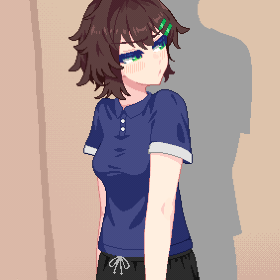 hurumero, hanekenomichi-chan, original, animated, animated gif, commentary request, 1boy, 1girl, blue shirt, blush, breast drop, breasts, brown hair, closed eyes, clothes lift, grabbing another's breast, groping, hair ornament, hairclip, large breasts, navel, nipples, shirt, shirt lift
