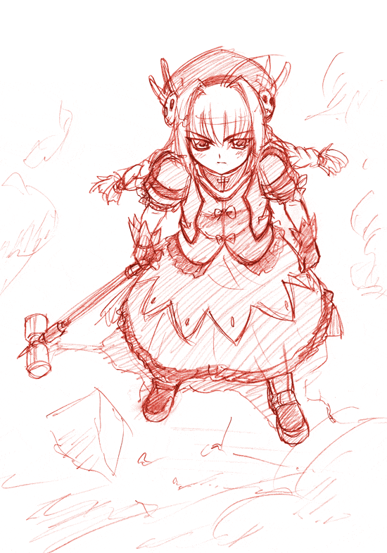 misnon the great, graf eisen, vita (nanoha), lyrical nanoha, mahou shoujo lyrical nanoha, mahou shoujo lyrical nanoha a's, mahou shoujo lyrical nanoha strikers, 00s, 1girl, ahoge, braid, female focus, monochrome, red theme, sketch, solo, twin braids