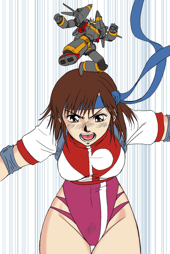 misnon the great, gunbuster, takaya noriko, top wo nerae!, top wo nerae! (series), 1girl, breasts, brown eyes, brown hair, female focus, gym uniform, headband, kicking, large breasts, leotard, mecha, motion lines, robot, solo, speed lines, super robot