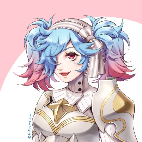 peri (fire emblem), fire emblem, fire emblem fates, nintendo, armor, blue hair, coif, mfpcmfmf, multicolored hair, pink hair, red eyes, ribbon, simple background, two-tone hair