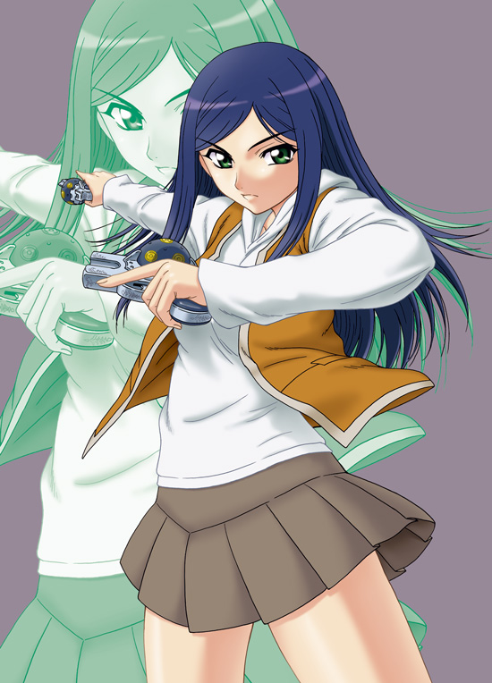 misnon the great, kuga natsuki, my-hime, 00s, 1girl, blue hair, closed mouth, dual wielding, female focus, frown, green eyes, holding, holding weapon, hood, hood down, hoodie, long hair, long sleeves, looking at viewer, miniskirt, parted bangs, pleated skirt, skirt, solo, vest, weapon, zoom layer