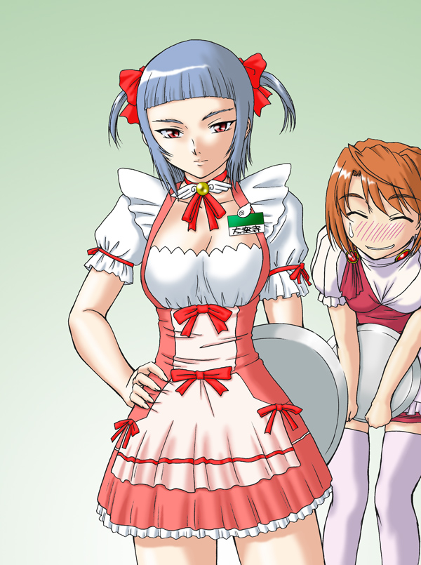 misnon the great, miyu greer, tokiha mai, my-hime, textless version, 00s, blush, hand on own hip, thighhighs, waitress