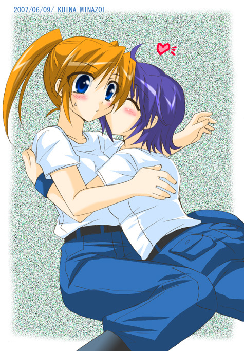 minazoi kuina, subaru nakajima, teana lanster, lyrical nanoha, mahou shoujo lyrical nanoha, mahou shoujo lyrical nanoha strikers, 00s, 2girls, blue eyes, blue hair, blush, denim, heart, hug, jeans, kiss, multiple girls, orange hair, pants, shirt, short hair, short twintails, sweatdrop, t-shirt, twintails, wristband, yuri