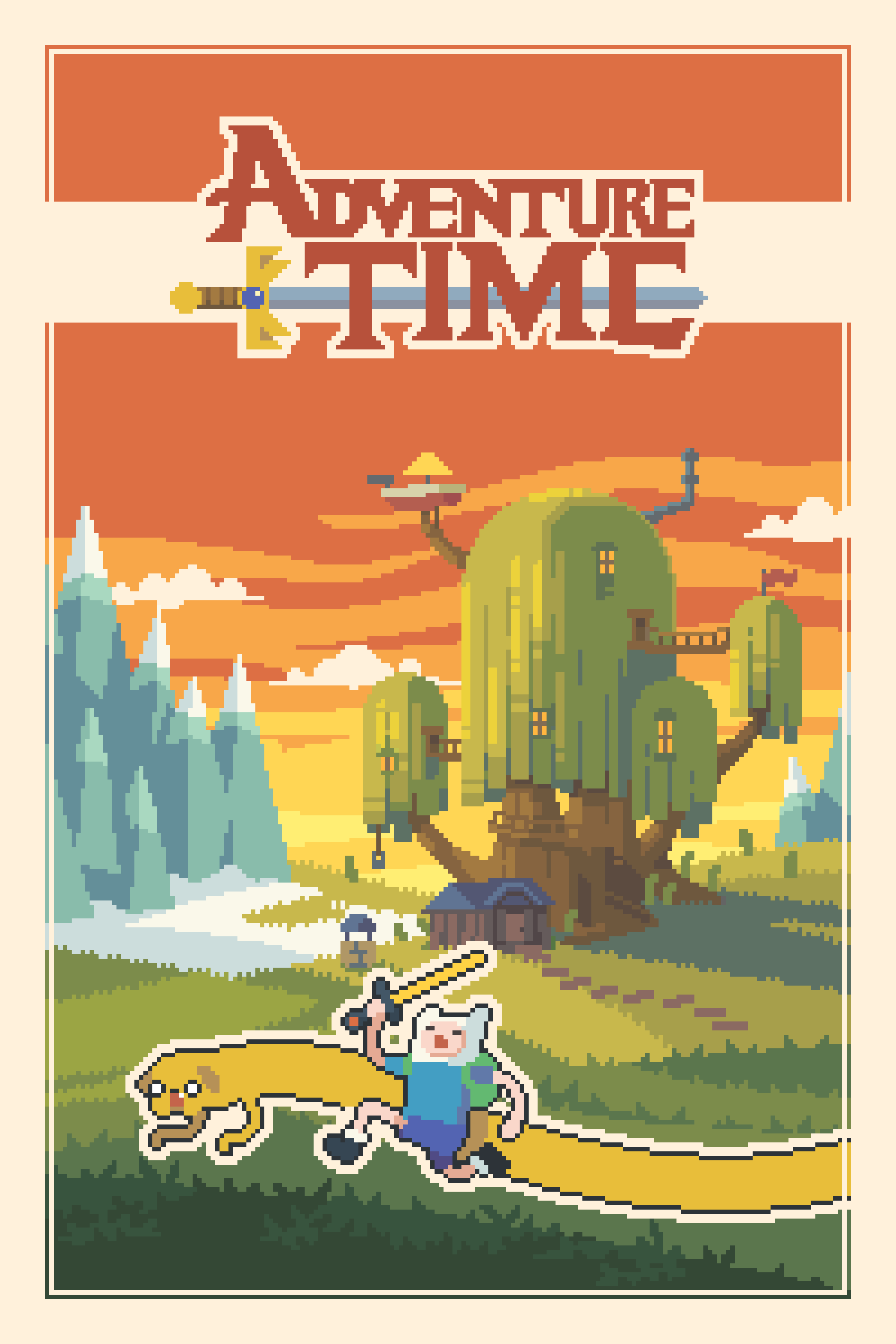 finn the human, jake the dog, adventure time, absurdres, highres, chimney, flag, holding, holding sword, holding weapon, megalithiccat, mountain, pixel art, snow, sunset, sword, treehouse, weapon