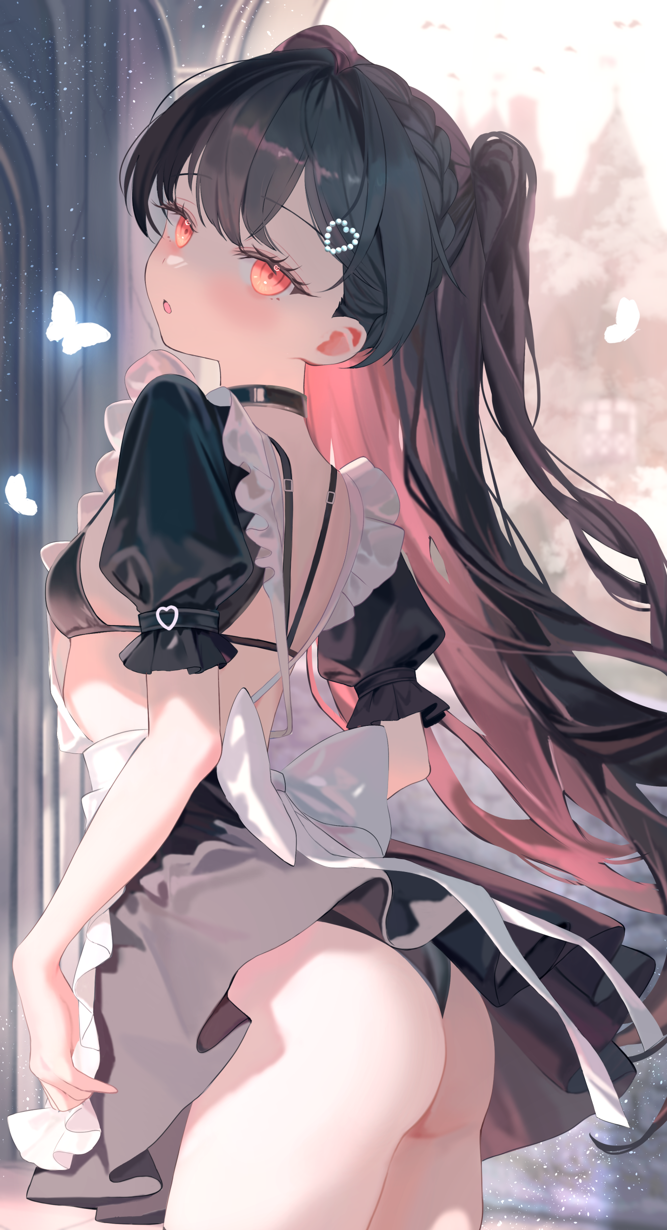 moemoepiano, original, absurdres, commentary, highres, 1girl, apron, ass, back, black bra, black choker, black hair, blush, bow, bra, braid, breasts, bug, butterfly, choker, colored inner hair, dress, dress bow, floating hair, frilled apron, frilled dress, frills, from behind, from side, glowing butterfly, hair intakes, hair ornament, head tilt, heart, heart hair ornament, insect, light particles, long hair, looking at viewer, looking back, looking to the side, multicolored hair, open mouth, outdoors, pink eyes, pink hair, puffy short sleeves, puffy sleeves, ringed eyes, short sleeves, small breasts, solo, standing, strap, thighs, turning head, underwear, very long hair, white apron