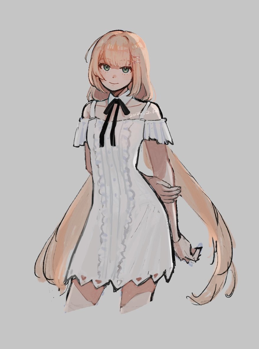 yano ya, strelitzia (kingdom hearts), kingdom hearts, kingdom hearts iv, 1girl, 2025, aqua eyes, arms behind back, bare shoulders, black ribbon, buttons, center frills, closed mouth, collarbone, cropped legs, dated, detached collar, dress, frills, grey background, hair intakes, hair ornament, hairclip, hand on own arm, long hair, neck ribbon, orange hair, ribbon, simple background, smile, solo, twintails, very long hair, white dress, x hair ornament