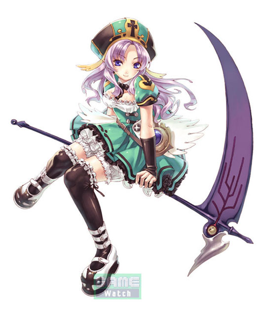 hirano katsuyuki, bridget (blazing souls), blazing souls, spectral (series), official art, 1girl, black thighhighs, bloomers, broom, broom riding, dress, female focus, green skirt, hat, long hair, puffy sleeves, purple hair, scythe, sidesaddle, simple background, skirt, solo, thighhighs, underwear, watermark, white background, white bloomers