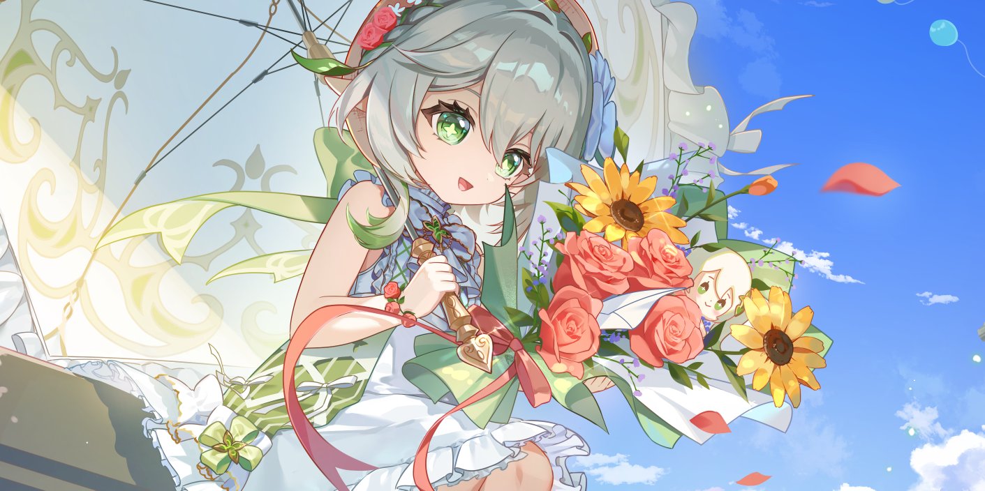 didtldms0312, nahida (genshin impact), genshin impact, commentary request, korean commentary, 1girl, :d, adapted costume, blue sky, bouquet, day, dress, flower, green eyes, hair between eyes, hair ornament, holding, holding umbrella, leaf hair ornament, open mouth, outdoors, pink flower, pointy ears, sitting, sky, sleeveless, sleeveless dress, smile, solo, star-shaped pupils, star (symbol), symbol-shaped pupils, umbrella, white dress, white hair, white umbrella, yellow flower