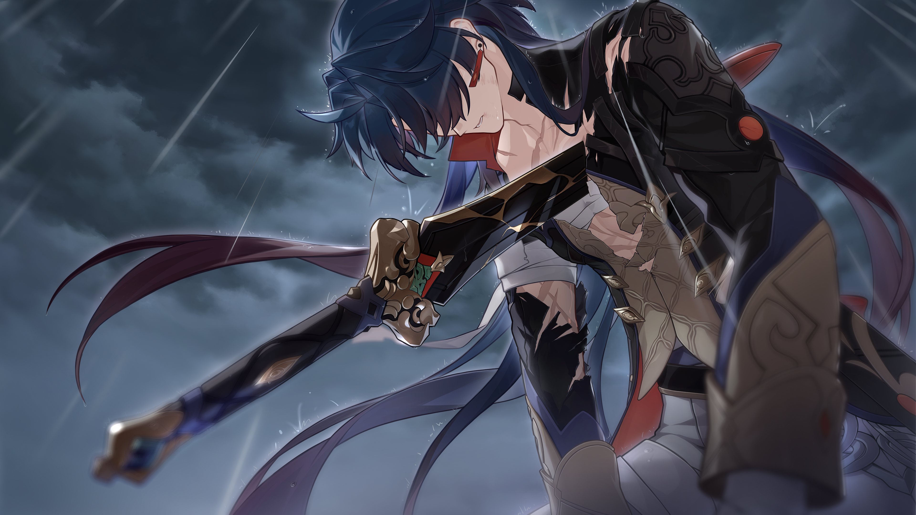 blade (honkai: star rail), honkai: star rail, honkai (series), absurdres, bad link, game cg, highres, official art, 1boy, ahoge, bandaged arm, bandaged chest, bandages, black hair, black jacket, brown shirt, earrings, gradient hair, impaled, jacket, jewelry, kintsugi, long hair, long sleeves, male focus, multicolored hair, pants, parted lips, rain, red hair, scar, scar on arm, scar on chest, shirt, solo, sword, torn clothes, torn jacket, torn shirt, weapon, white pants