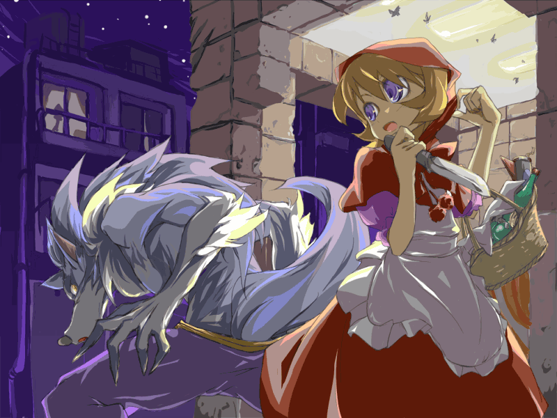 yomi (artist), b.b. hood, jon talbain, capcom, darkstalkers, animal ears, apron, basket, blonde hair, blue eyes, claws, dress, furry, furry female, furry male, hood, knife, looking back, night, night sky, open mouth, short hair, sky, tail, werewolf, wolf ears, yellow eyes