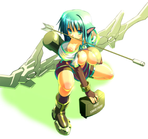 musumi renga, hunter (ragnarok online), ragnarok online, 1girl, aqua eyes, aqua hair, boots, breasts, bridal gauntlets, english text, explosive, fantasy, female focus, huge breasts, hunter, mine (weapon), mouth hold, solo