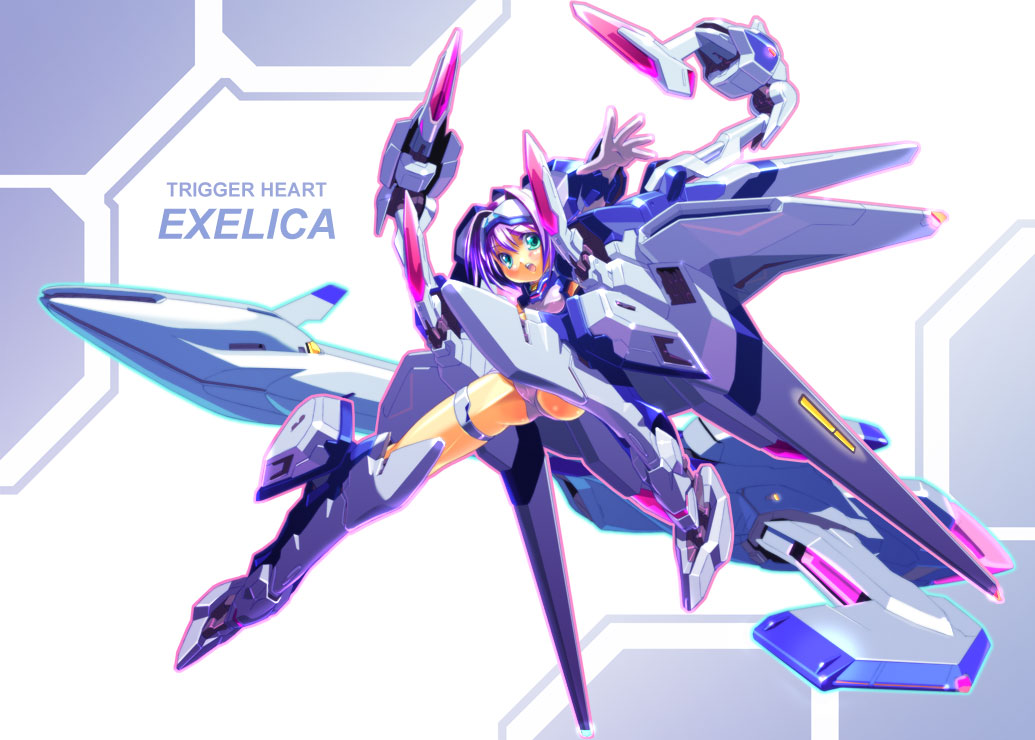 musumi renga, exelica, trigger heart exelica, 1girl, aqua eyes, ass, copyright name, female focus, mecha musume, open mouth, solo