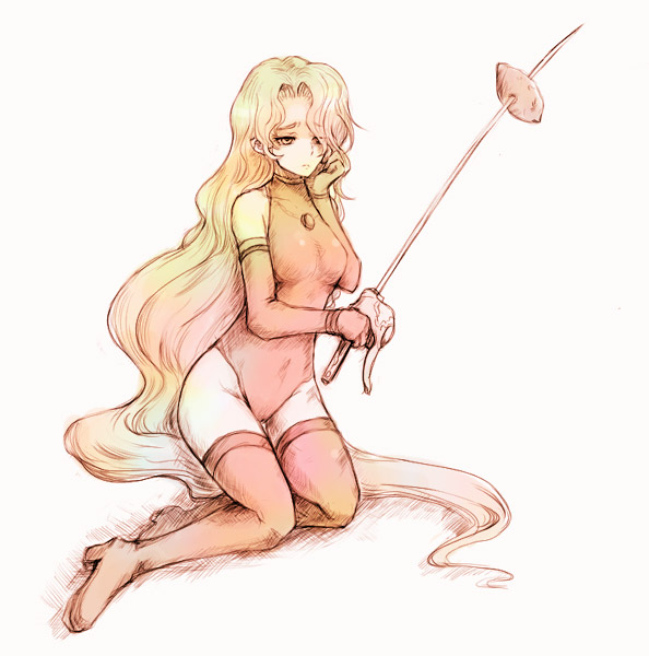 kara (color), falliccia, hanjuku hero, 1girl, elbow gloves, female focus, frown, gloves, hanjuku eiyuu, long hair, monochrome, sitting, solo, sword, thighhighs, very long hair, weapon, yokozuwari