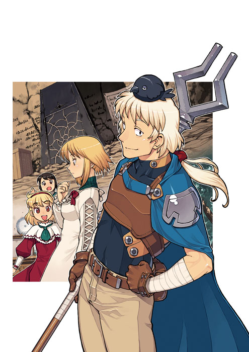 hamada yoshikazu, source request, 1boy, 3girls, bandaged arm, bandages, belt, buckle, closed mouth, fantasy, from above, from side, hand on own hip, hat, long hair, long sleeves, looking at viewer, looking up, multiple girls, necktie, ponytail, profile, shirt, shoulder pads, simple background, smile, standing, white background, white shirt