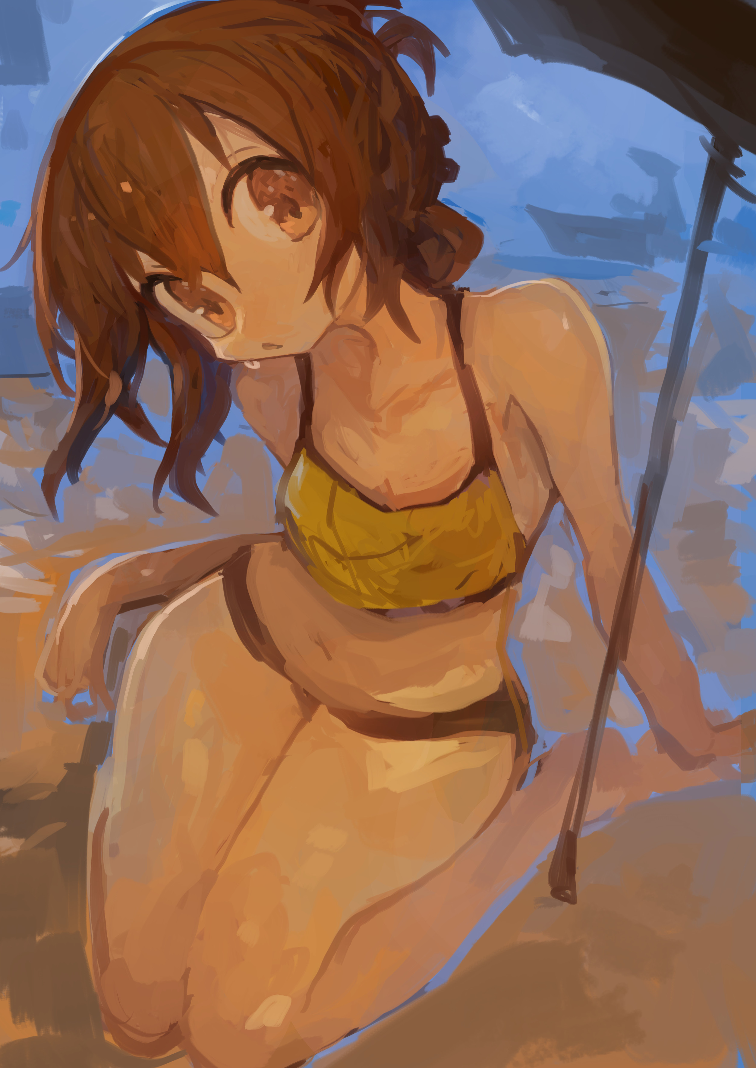 kaamin (mariarose753), inazuma (kancolle), kantai collection, absurdres, commentary request, highres, 1girl, alternate costume, barefoot, bikini, bikini bottom only, black bikini, brown eyes, brown hair, camisole, folded ponytail, kneeling, looking at viewer, parted lips, ponytail, sitting, solo, sweat, swimsuit, thighs, yellow camisole