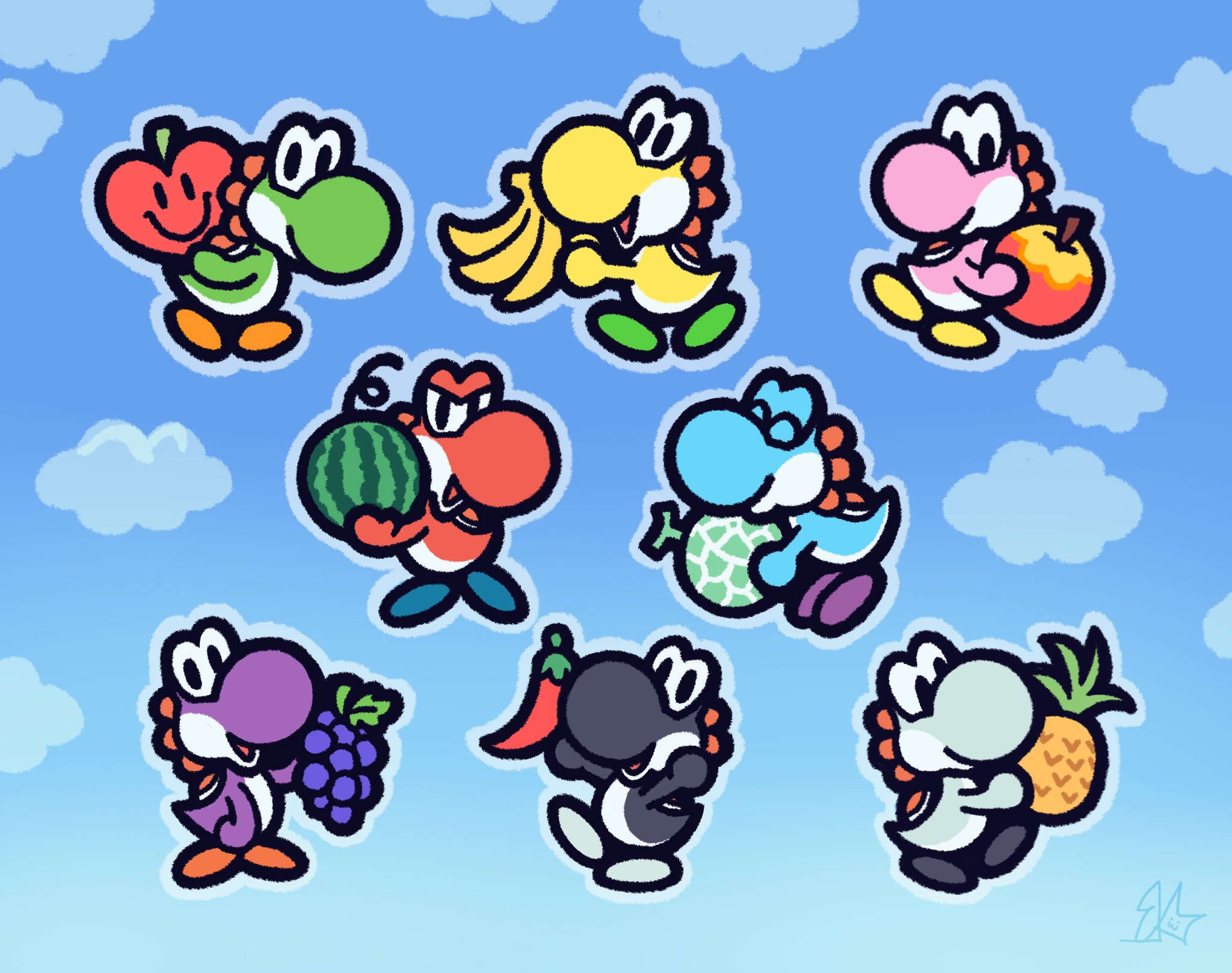 bazukat art, black yoshi, light blue yoshi, pink yoshi, purple yoshi, red yoshi, white yoshi, yellow yoshi, yoshi, yoshi's story, highres, apple, banana, chibi, chili pepper, closed eyes, closed mouth, cloud, food, fruit, full body, grapes, heart, holding, holding food, holding fruit, looking at viewer, melon, open mouth, pineapple, watermelon