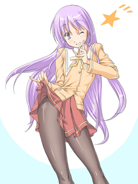 jon shicchiou, watarase jun, happiness!, 00s, 1boy, clothes lift, crossdressing, crossdressing (mtf), long hair, male focus, one eye closed, pantyhose, pinky out, purple eyes, purple hair, school uniform, serafuku, skirt, skirt lift, solo, thighs, trap, very long hair, wink