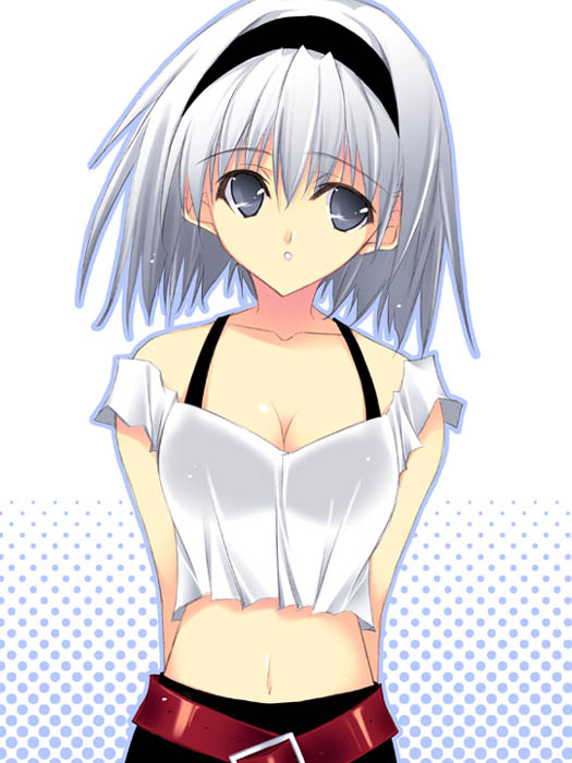 kobayashi chisato, original, looking away, 1girl, arms behind back, belt, breasts, buckle, camisole, cleavage, collarbone, cowboy shot, female focus, grey eyes, hairband, midriff, navel, off-shoulder shirt, off shoulder, see-through clothes, shirt, short hair, simple background, sleeveless, sleeveless shirt, solo, white background, white hair, white shirt
